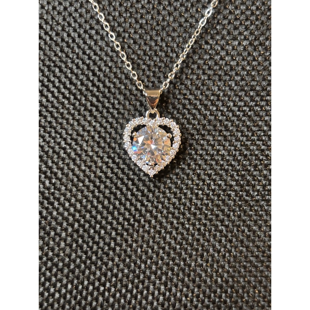 S925 Sterling Silver Heart Pendant Necklace Cubic Zirconia Halo Chain